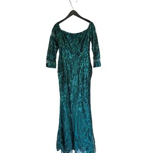 NWT YISSANG Emerald Sequin Off Shoulder Mermaid Gown Dark Academia Formal L/XL